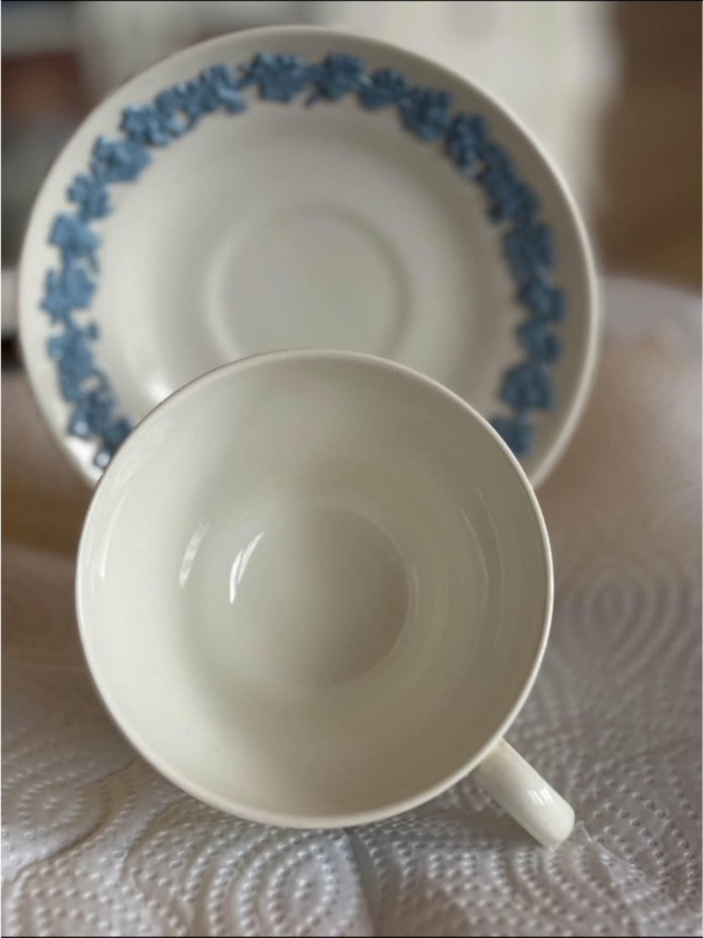 Wedgwood Queensware and Blue Relief Tea Cup and Saucer - Picture 2 of 4